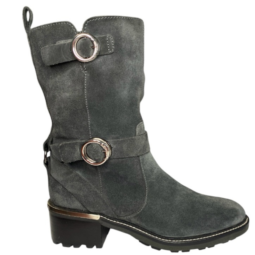 Kerivini Gray Blue Suede Mid Calf Moto Buckle Lug Sole Boots Womens 8.5 Leather